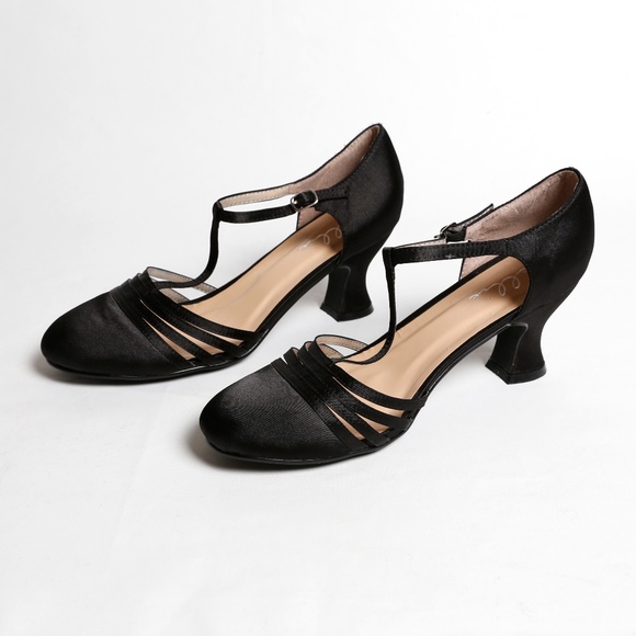 Ellie Shoes - Ellie - Black Satin T-strap chunky sculpted heel